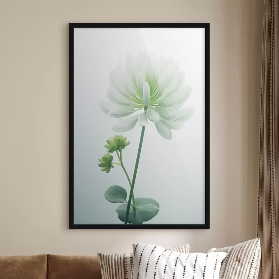 fototapet Floare albă de trifoi cu tulpină și frunze verzi, iluminare moale, fundal curat, compoziție minimalistă, botanică f45171
