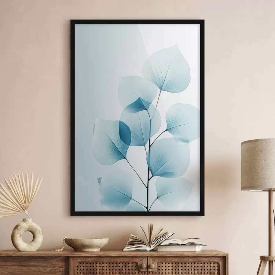 fototapet Creangă cu frunze albastre translucide, vene delicate vizibile, compoziție ușoară și calmă, estetică minimalistă f45175