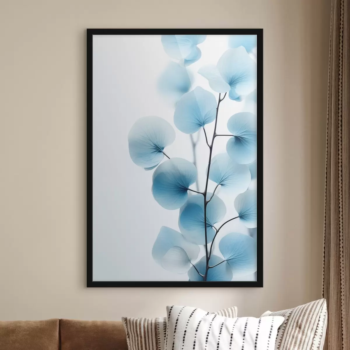 Poster Creangă cu frunze albastre translucide, vene delicate vizibile, compoziție ușoară și calmă, estetică minimalistă f45176