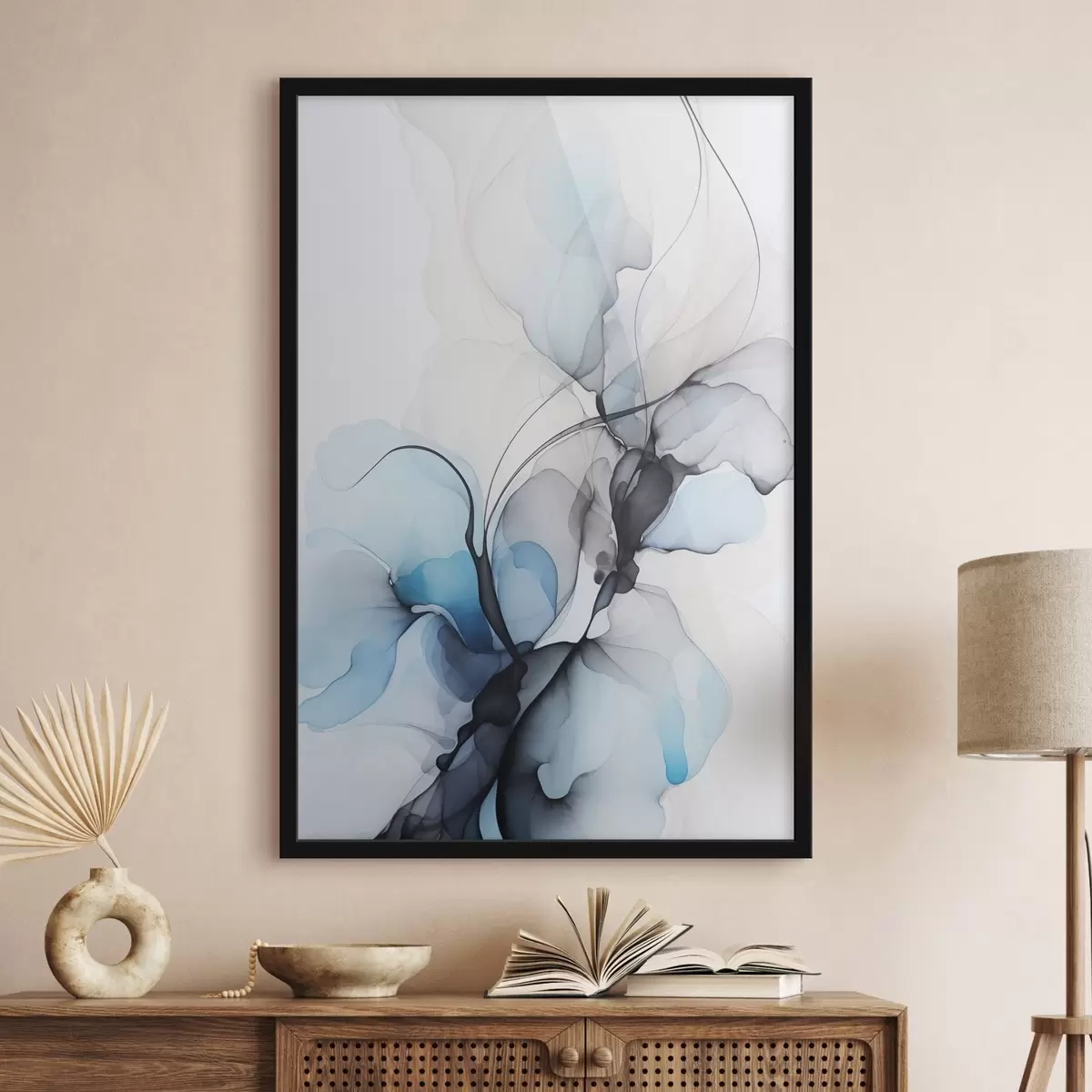 Poster Compoziție abstractă cu linii fluide și petale translucide în nuanțe de albastru, alb și bej, imitație de cerneală alcoolică f45177