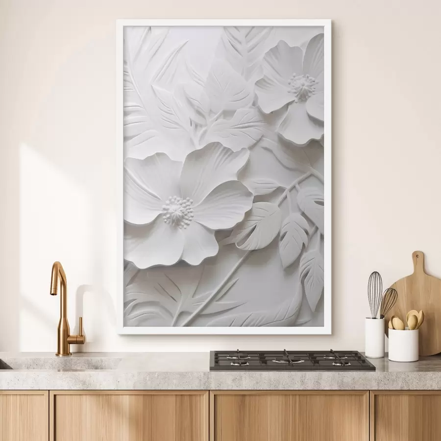 fototapet Decorative minimaliste flori albe cu frunze, imitație de relief, fundal alb f45180