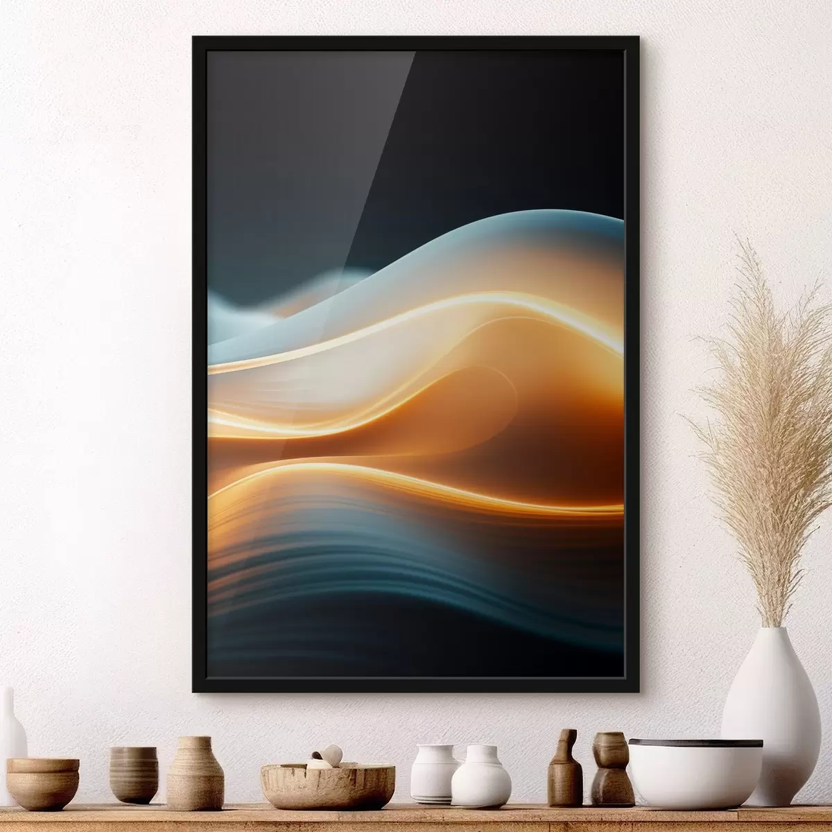 Poster Forme curgătoare abstracte cu linii portocalii, curbe și linii netede, compoziție dinamică, fundal întunecat f45183