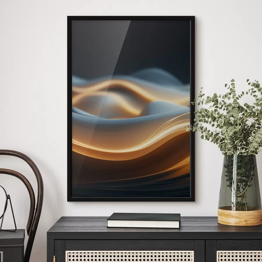 fototapet Forme curgătoare abstracte cu linii portocalii, curbe și linii netede, compoziție dinamică, fundal întunecat f45184