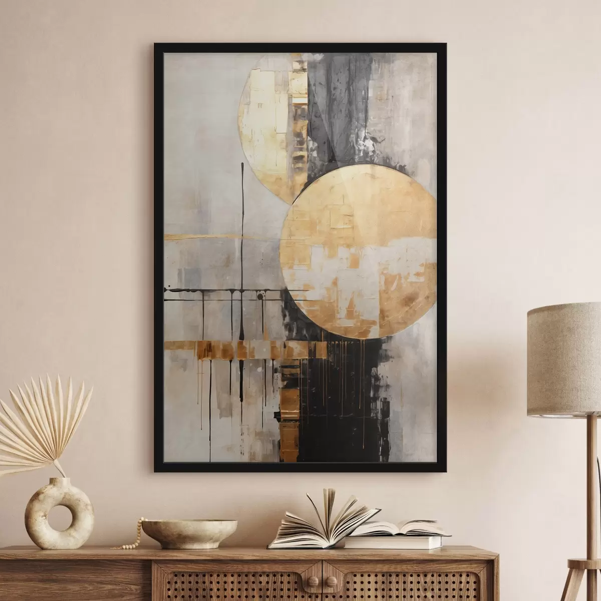 Poster Tablou abstract cu cercuri, linii negre și galbene și un fundal cu tonuri de gri și alb f45185