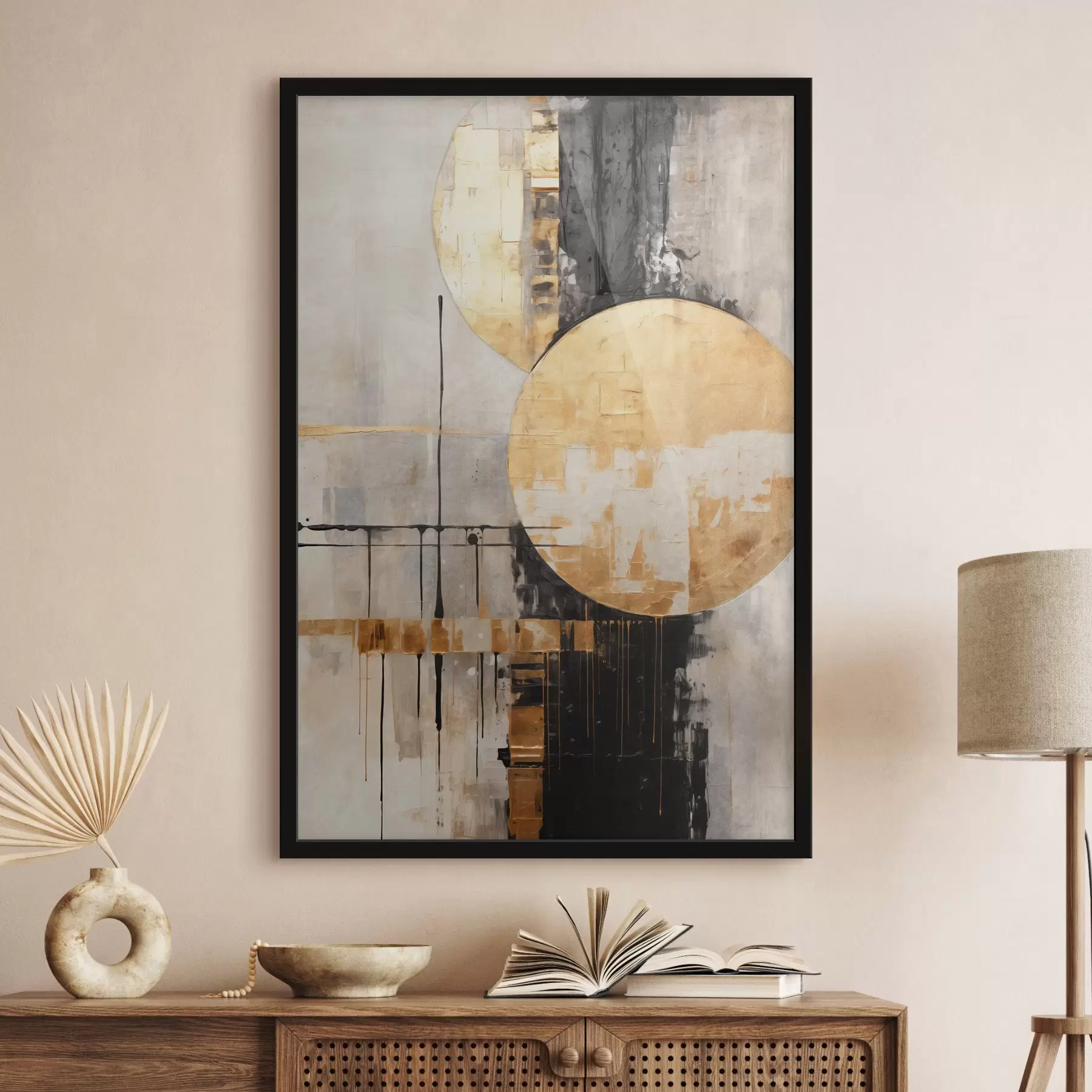 fototapet Tablou abstract cu cercuri, linii negre și galbene și un fundal cu tonuri de gri și alb f45185