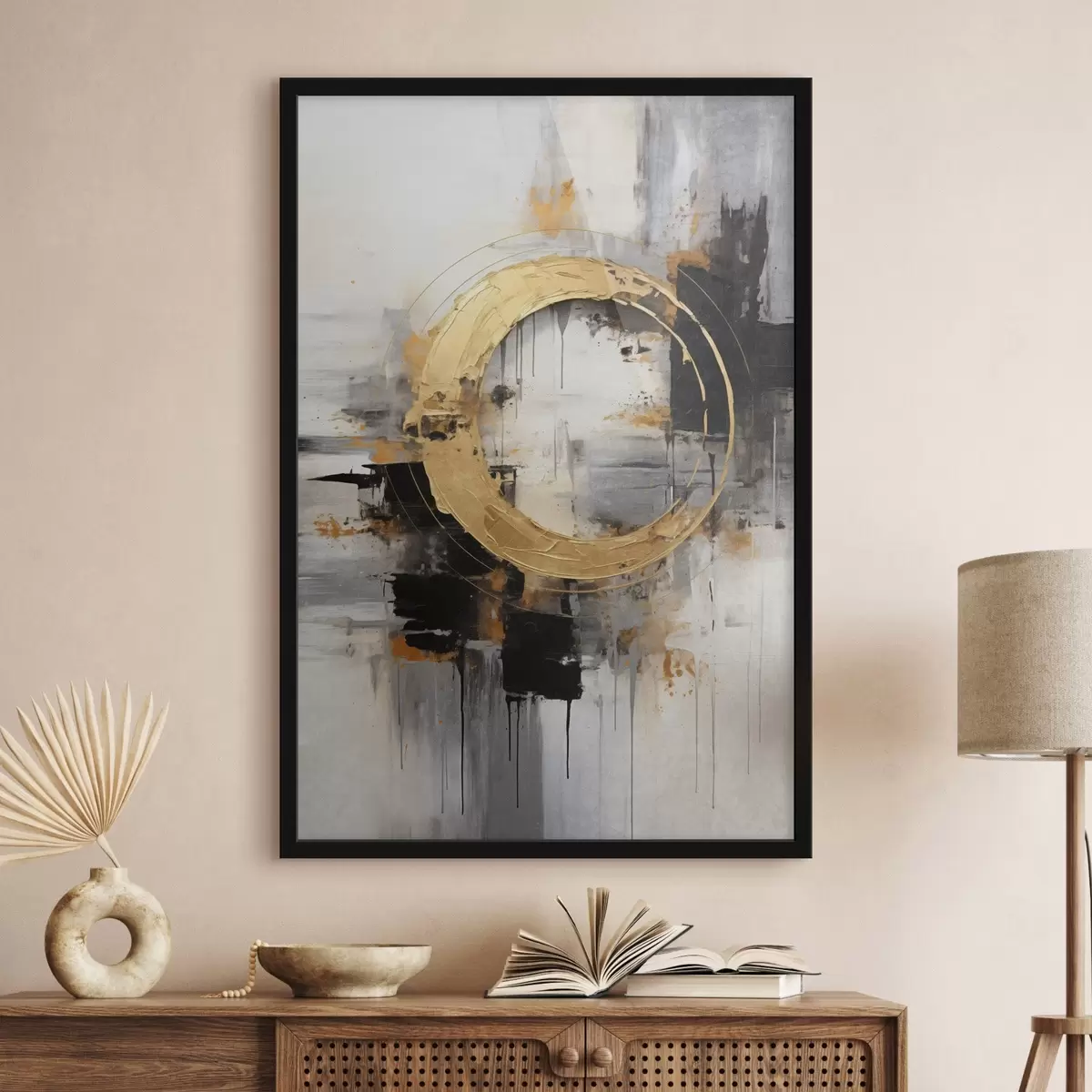 Poster Tablou abstract cu cercuri, linii negre și galbene și un fundal cu tonuri de gri și alb f45186