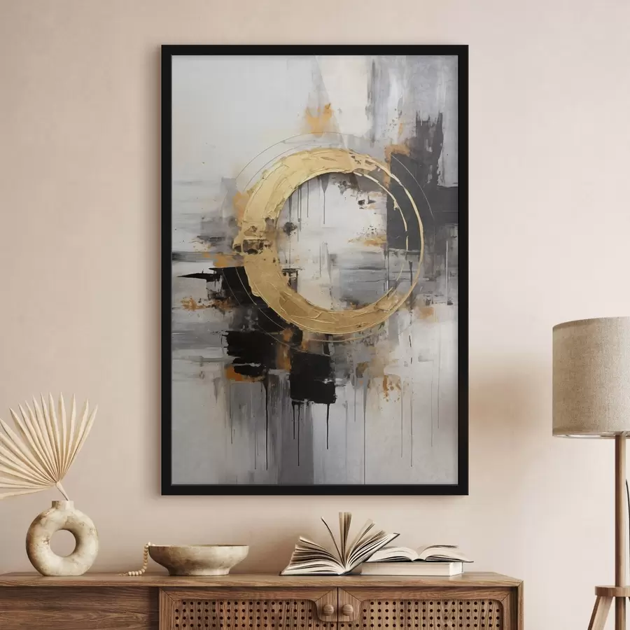 fototapet Tablou abstract cu cercuri, linii negre și galbene și un fundal cu tonuri de gri și alb f45186