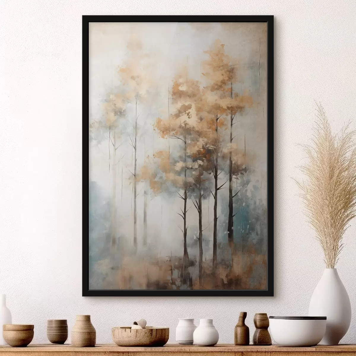 Poster Copaci înalți texturați cu frunze galbene într-o pădure, fundalul este un amestec de tonuri moi de albastru și maro f45187