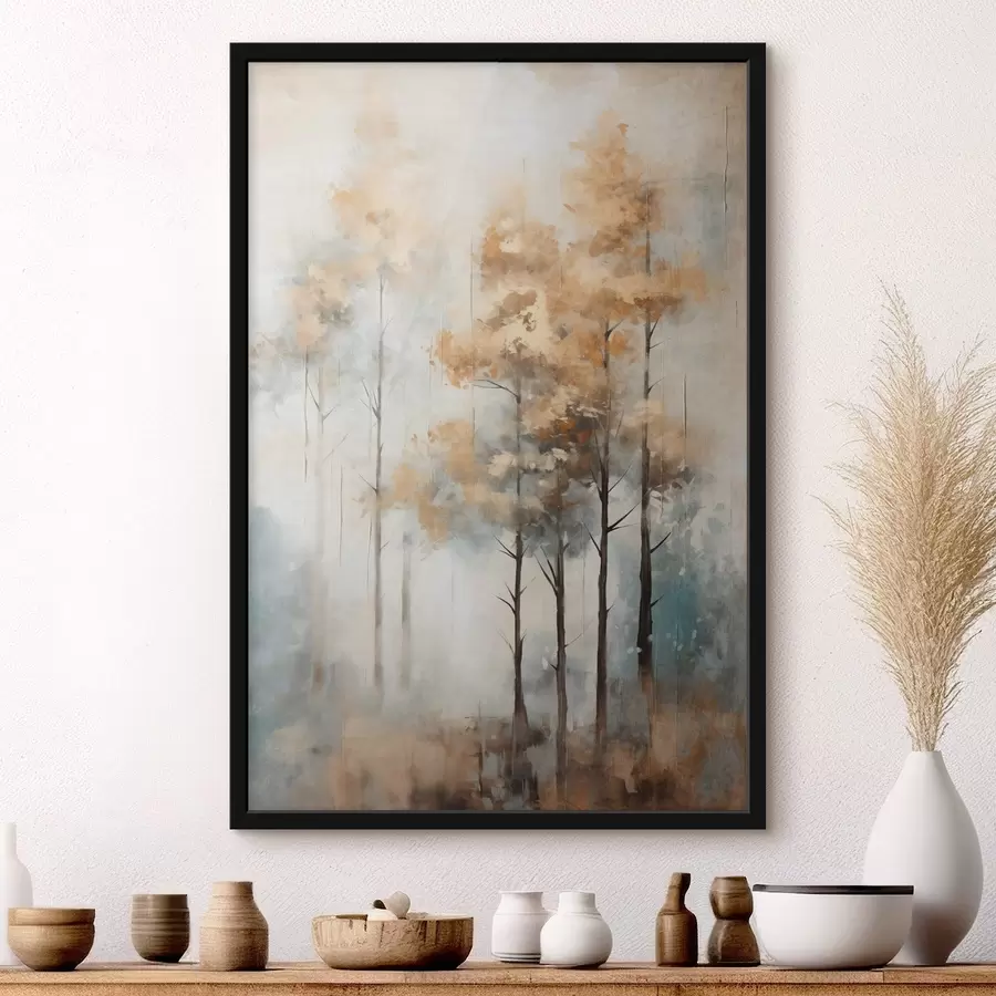 fototapet Copaci înalți texturați cu frunze galbene într-o pădure, fundalul este un amestec de tonuri moi de albastru și maro f45187