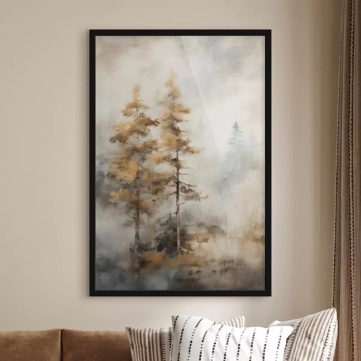 Poster Copaci înalți texturați cu frunze galbene într-o pădure, fundalul este un amestec de tonuri moi de albastru și maro f45188