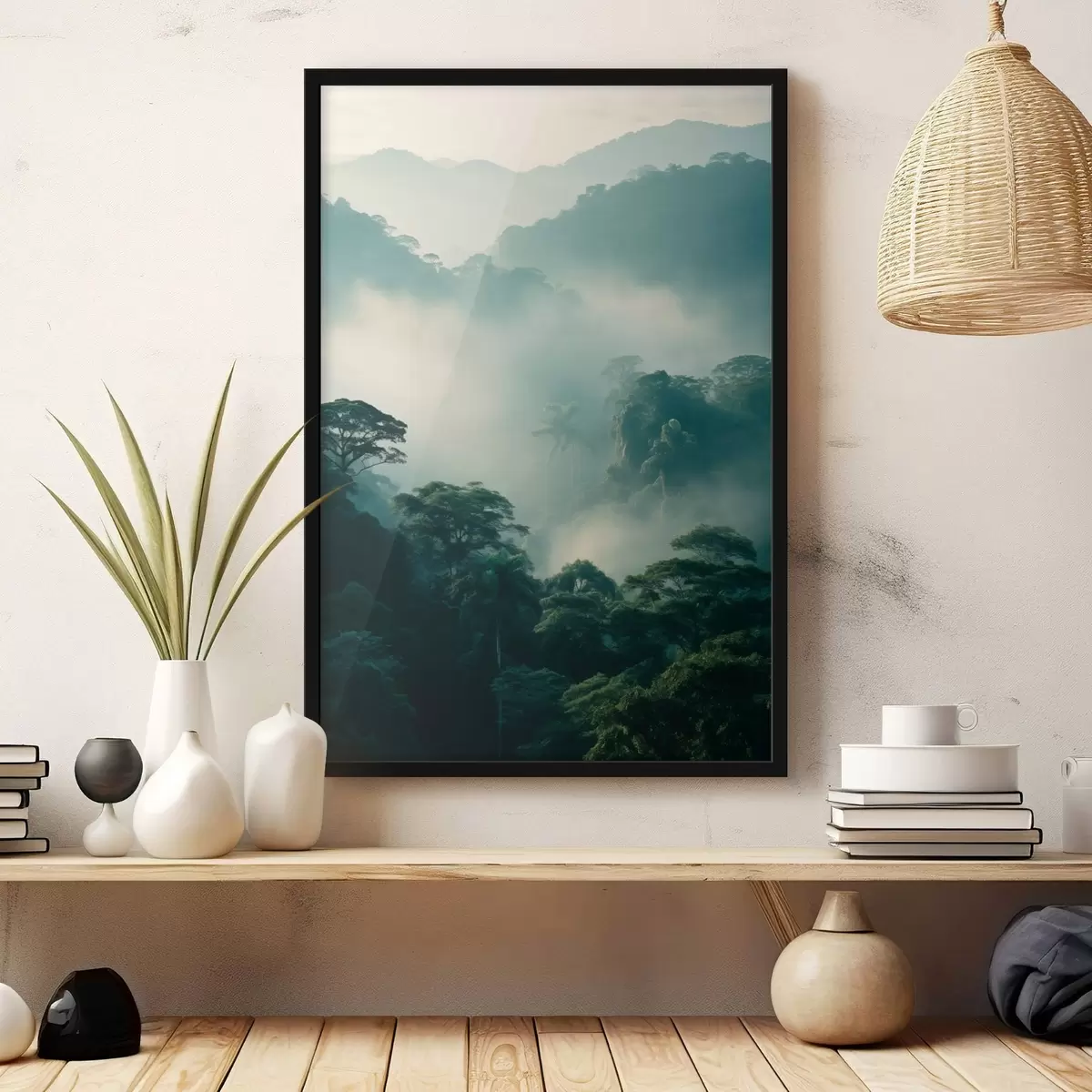 Poster Pădure tropicală cu copaci verzi luxurianți și un strat gros de ceață, creând un mediu atmosferic f45189