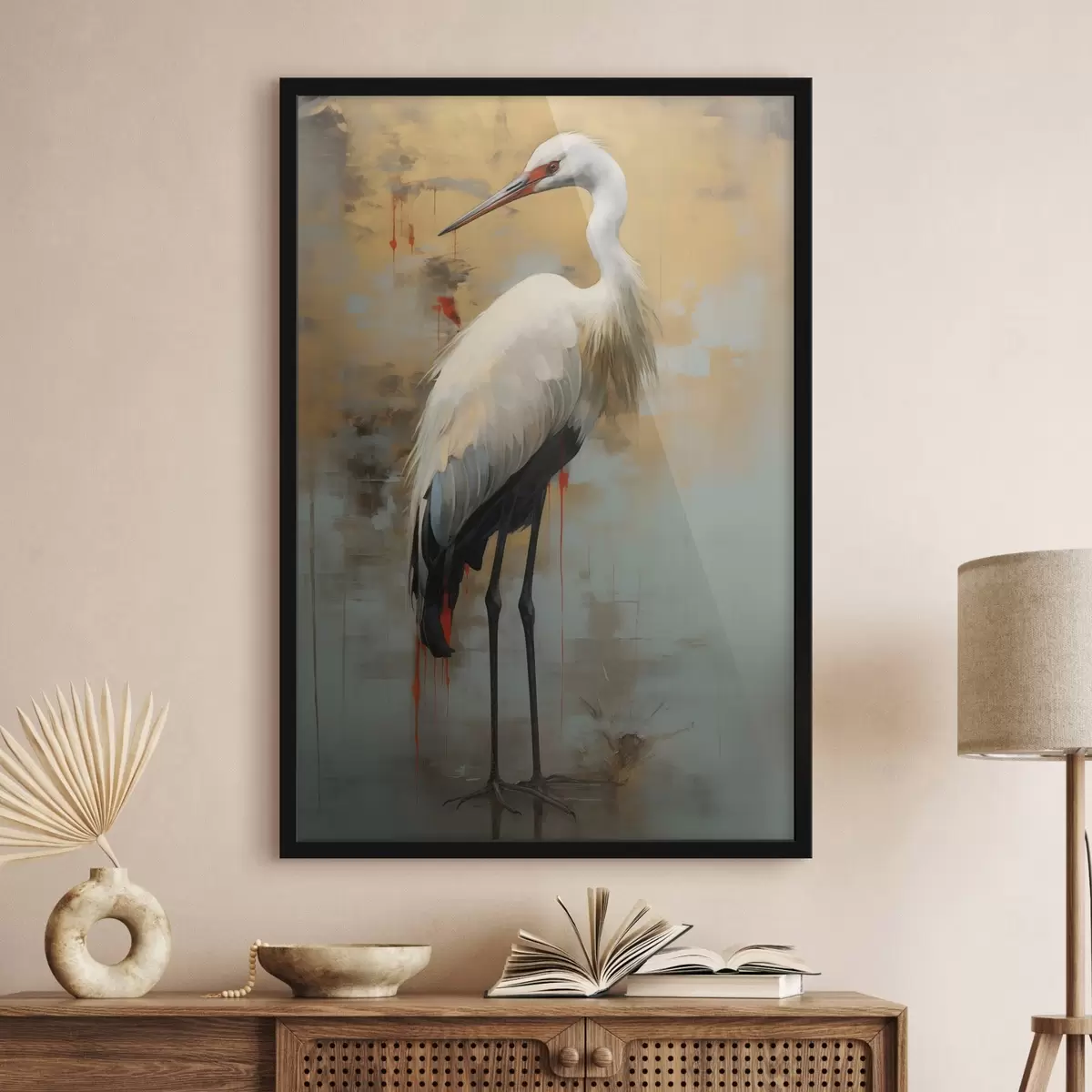Poster Heron alb pe un fundal de nuanțe de galben, maro și albastru, sugerând un peisaj abstract, cețos f45191