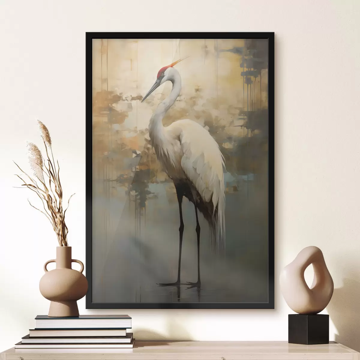 Poster Heron alb pe un fundal de nuanțe de galben, maro și albastru, sugerând un peisaj abstract, cețos f45192