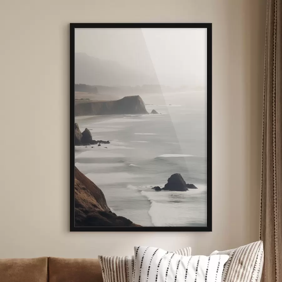 fototapet Stânci stâncoase și coastă de mare, valuri care se sparg pe țărm, peisaj cu o atmosferă moody, tonuri de pământ f45194