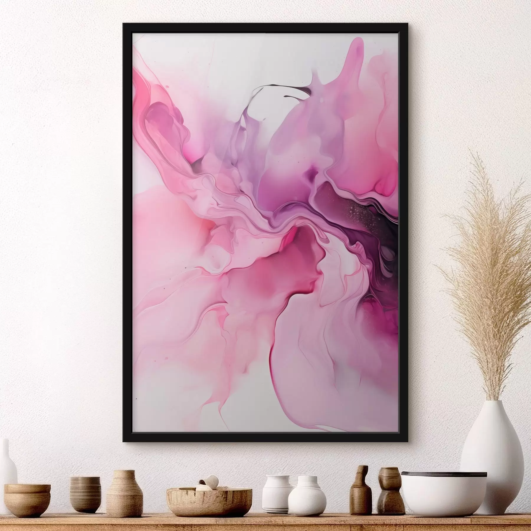 fototapet Vârtejurile abstracte de roz, violet și negru se îmbină într-o compoziție fluidă, organică, creând un sentiment de mișcare f45195