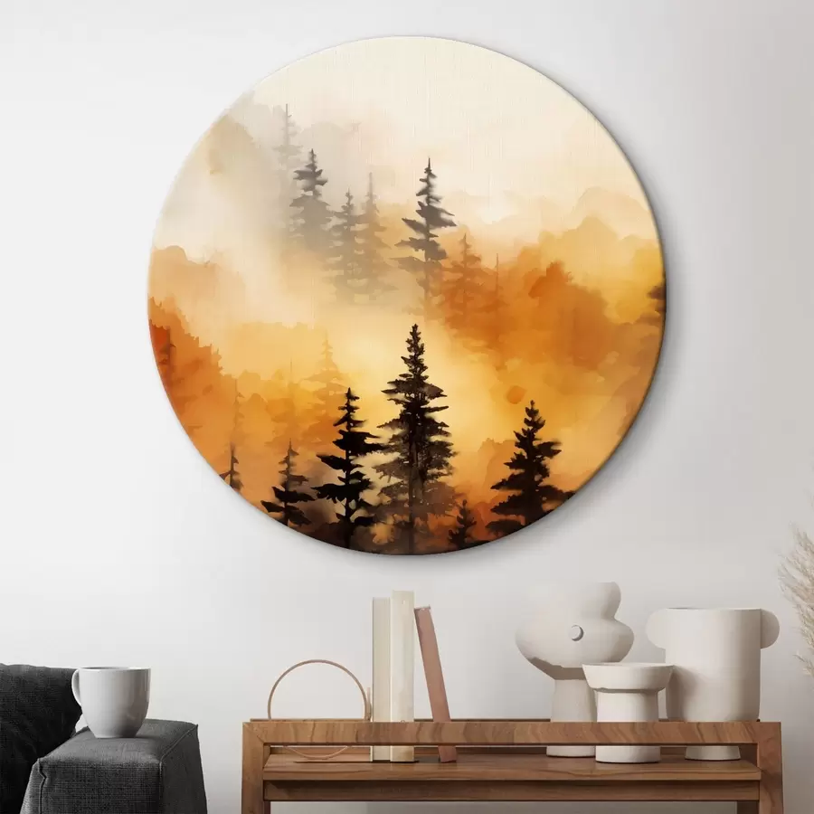 Tablouri O imitație de pictură peisaj acuarelă a unei păduri cu pini înalți și munți în fundal r45170