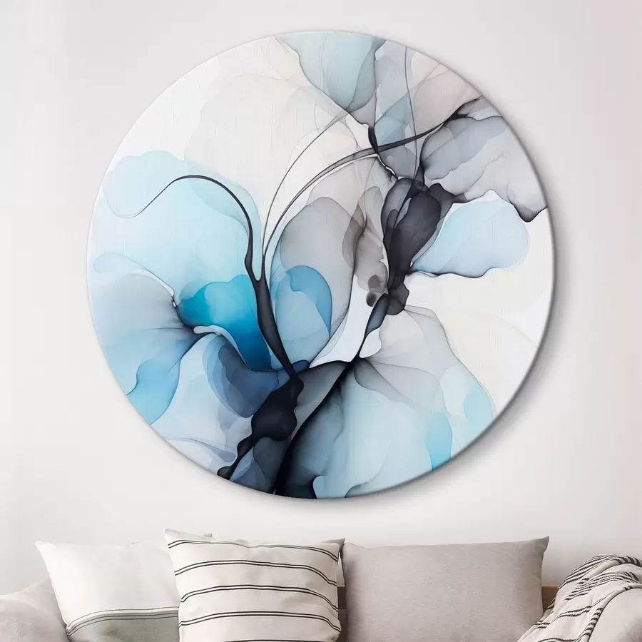 Tablouri Compoziție abstractă cu linii fluide și petale translucide în nuanțe de albastru, alb și bej, imitație de cerneală alcoolică r45177