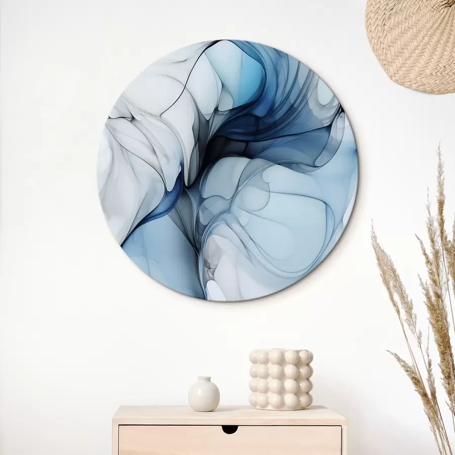Tablouri Compoziție abstractă cu linii fluide și petale translucide în nuanțe de albastru, alb și bej, imitație de cerneală alcoolică r45178