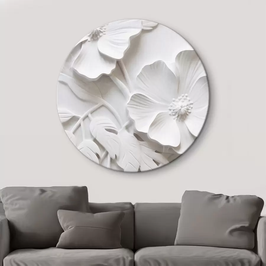 Tablouri Decorative minimaliste flori albe cu frunze, imitație de relief, fundal alb r45179