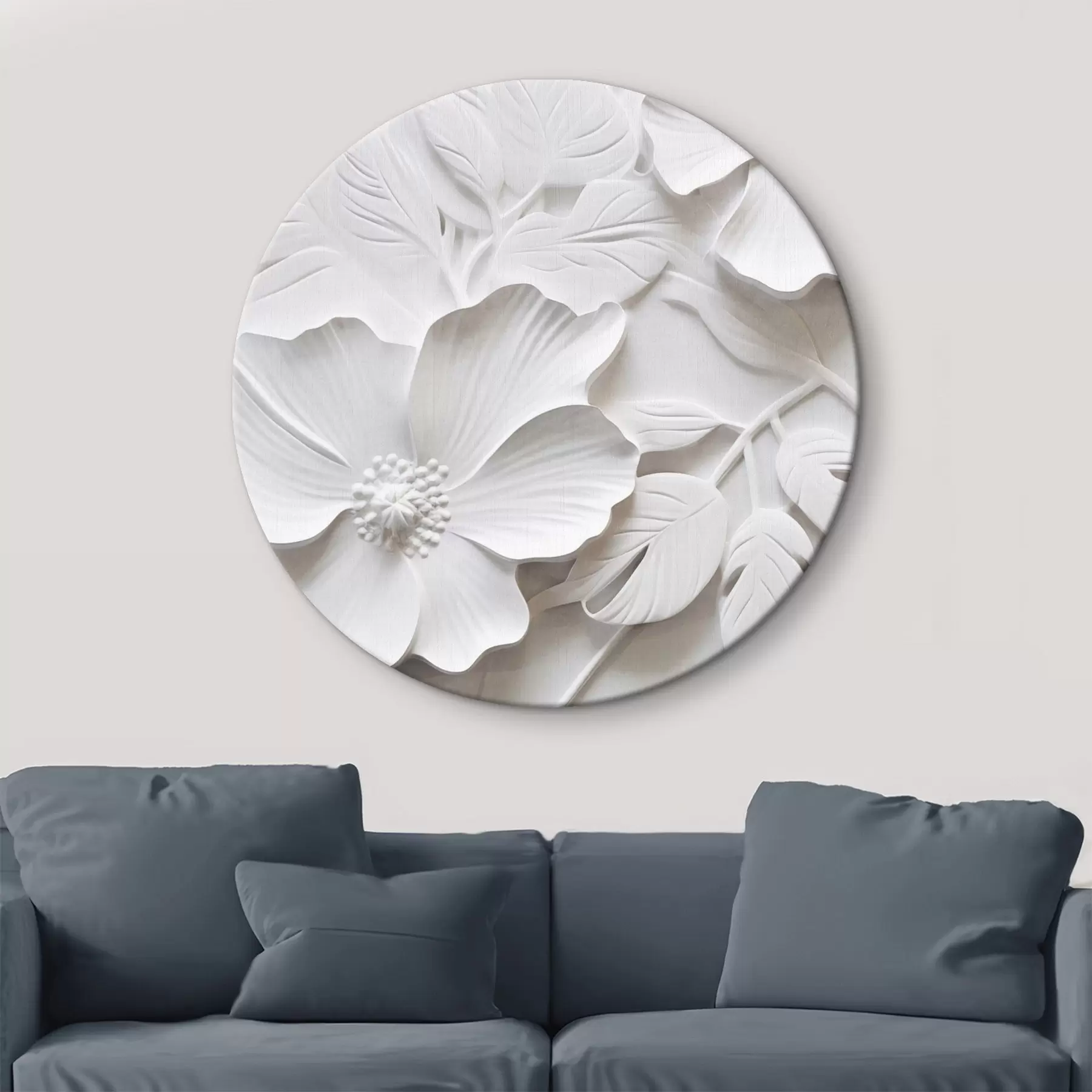 Tablouri Decorative minimaliste flori albe cu frunze, imitație de relief, fundal alb r45180