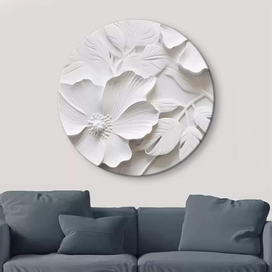 Tablouri Decorative minimaliste flori albe cu frunze, imitație de relief, fundal alb r45180