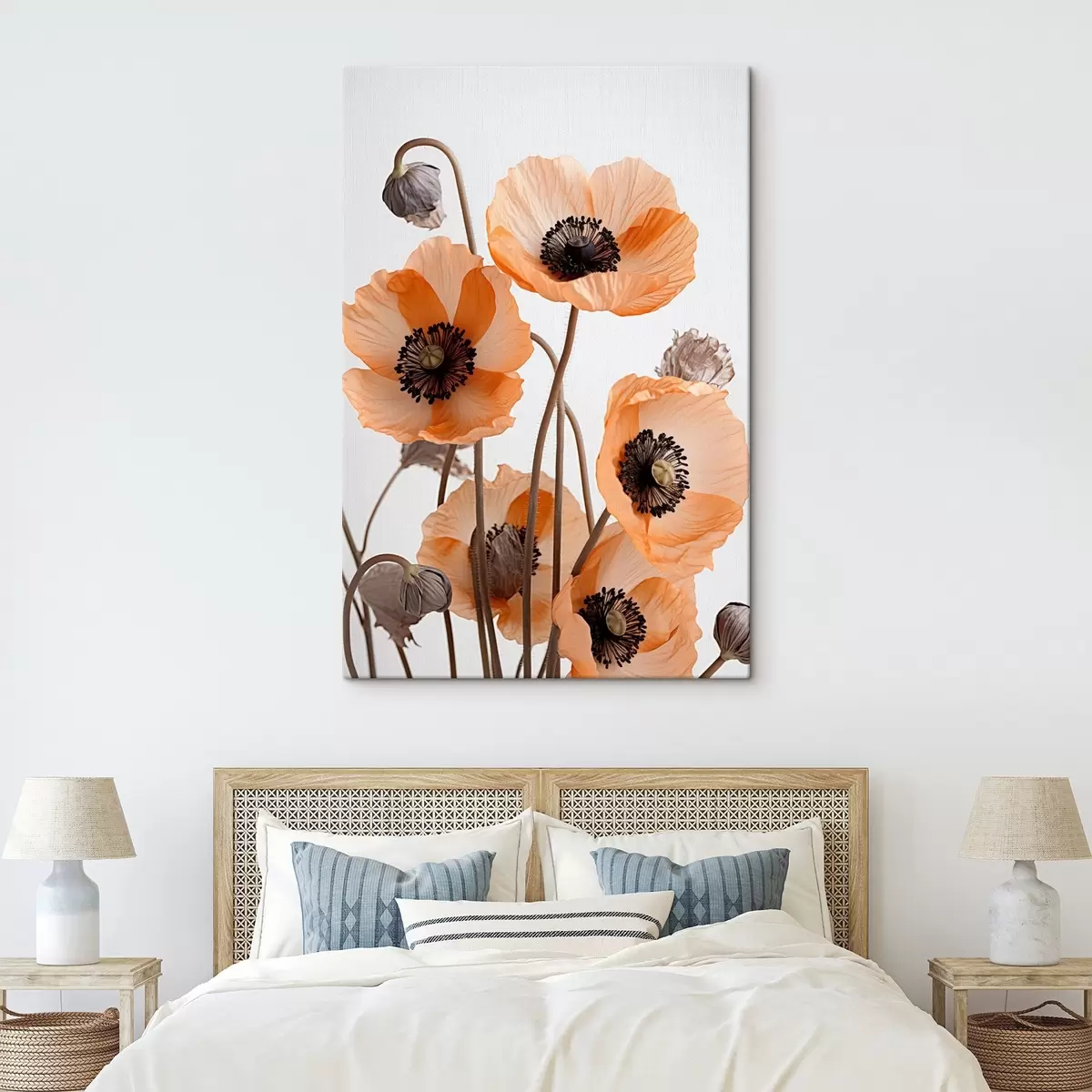 Tablouri Mac portocaliu, flori uscate pe un fundal deschis, iluminare moale, petale delicate, aranjament floral s45167