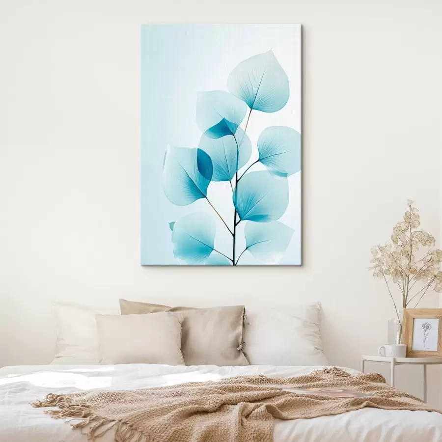 Tablouri Creangă cu frunze albastre translucide, vene delicate vizibile, compoziție ușoară și calmă, estetică minimalistă s45175