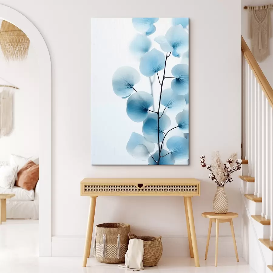 Tablouri Creangă cu frunze albastre translucide, vene delicate vizibile, compoziție ușoară și calmă, estetică minimalistă s45176