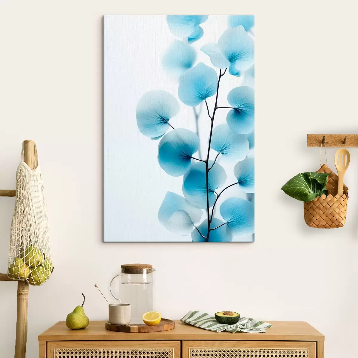 Tablouri Creangă cu frunze albastre translucide, vene delicate vizibile, compoziție ușoară și calmă, estetică minimalistă s45176