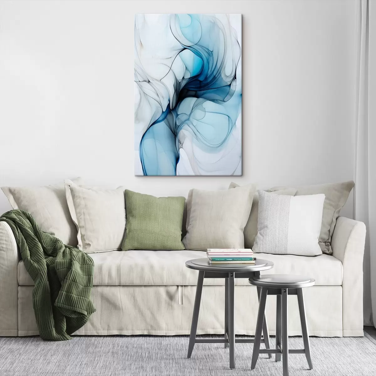 Tablouri Compoziție abstractă cu linii fluide și petale translucide în nuanțe de albastru, alb și bej, imitație de cerneală alcoolică s45178