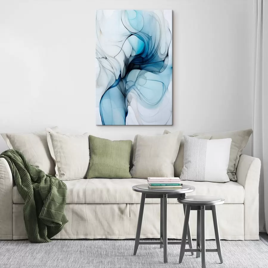 Tablouri Compoziție abstractă cu linii fluide și petale translucide în nuanțe de albastru, alb și bej, imitație de cerneală alcoolică s45178