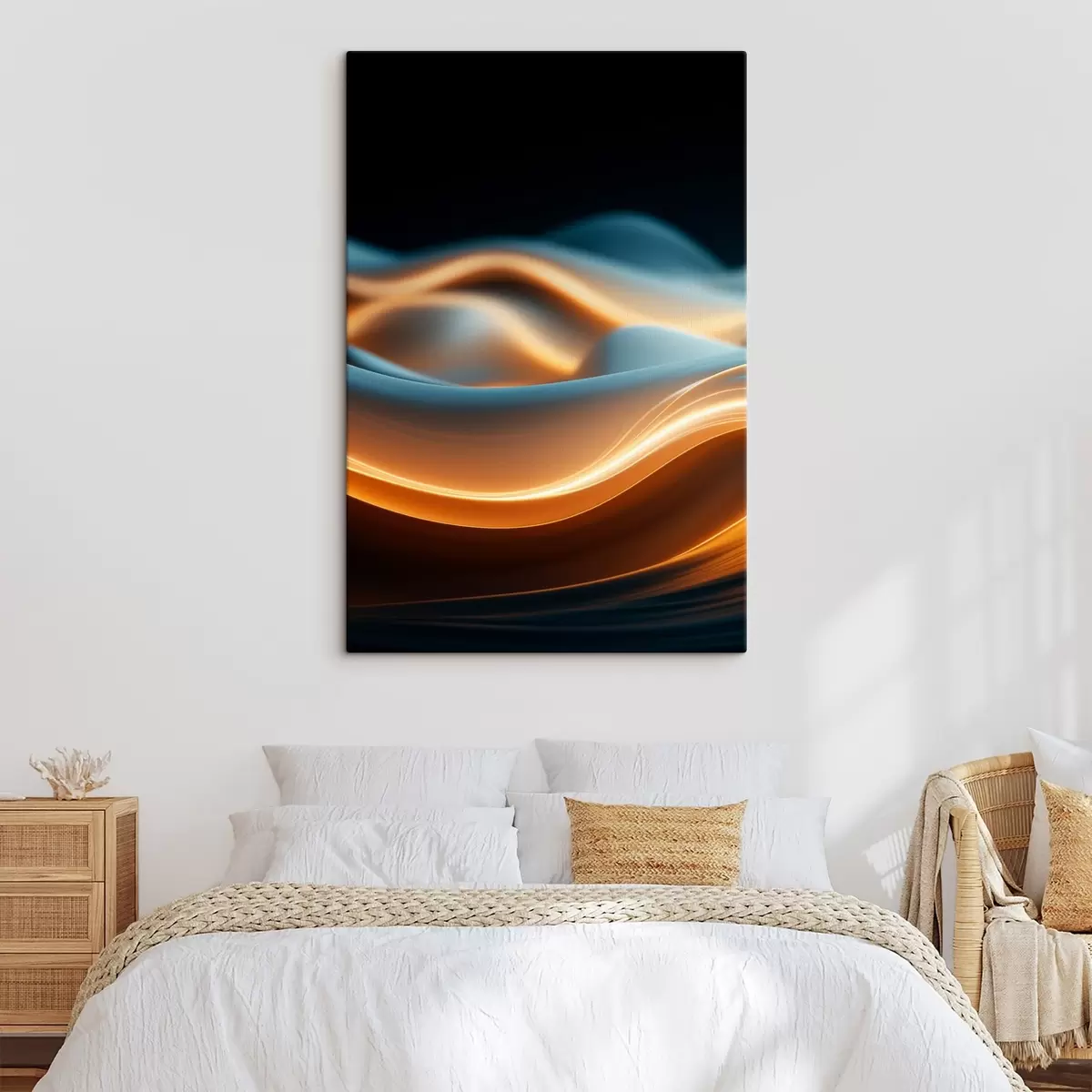 Tablouri Forme curgătoare abstracte cu linii portocalii, curbe și linii netede, compoziție dinamică, fundal întunecat s45184