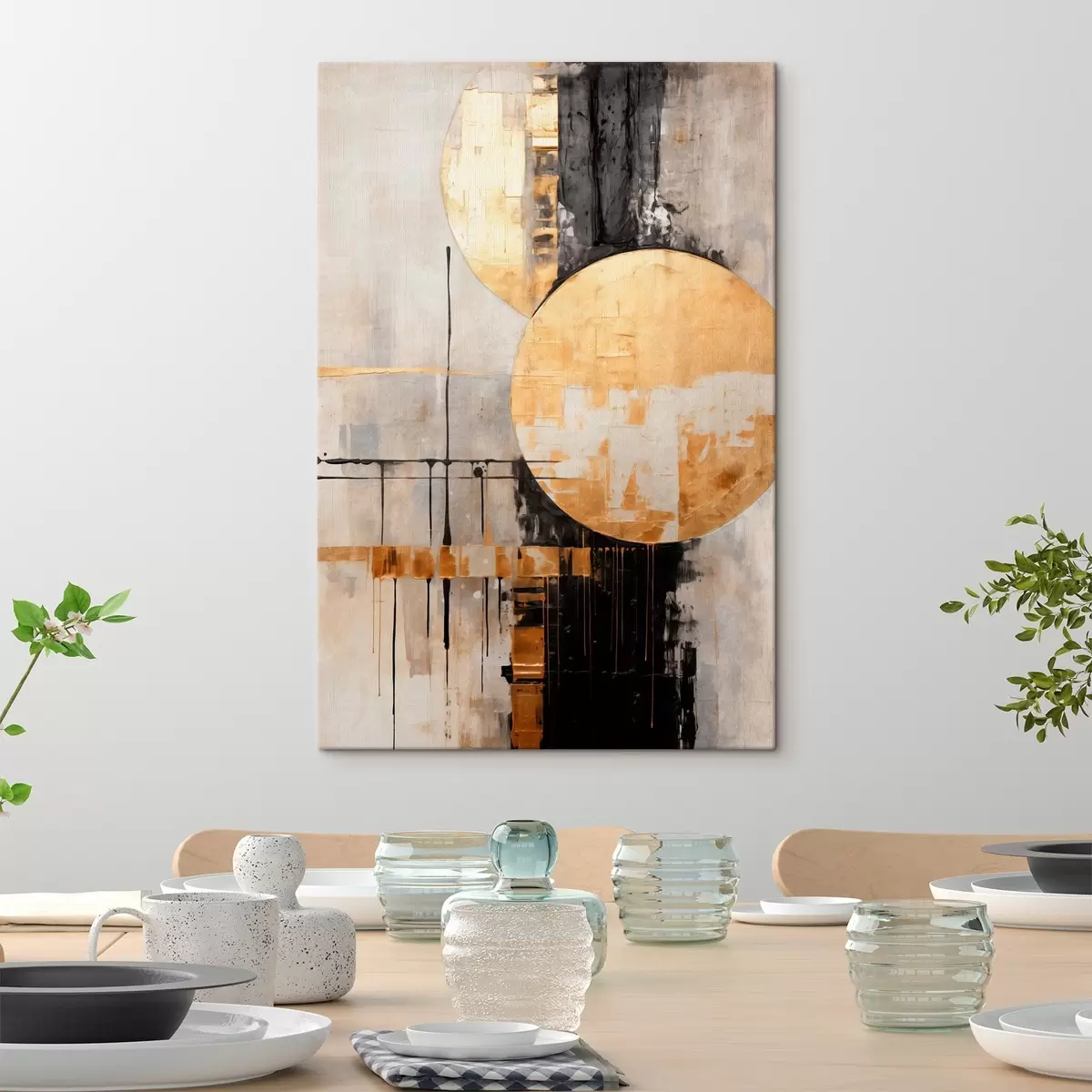 Tablouri Tablou abstract cu cercuri, linii negre și galbene și un fundal cu tonuri de gri și alb s45185