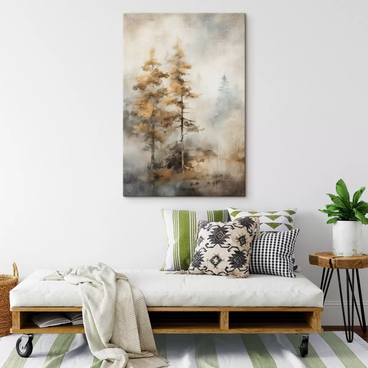 Tablouri Copaci înalți texturați cu frunze galbene într-o pădure, fundalul este un amestec de tonuri moi de albastru și maro s45188