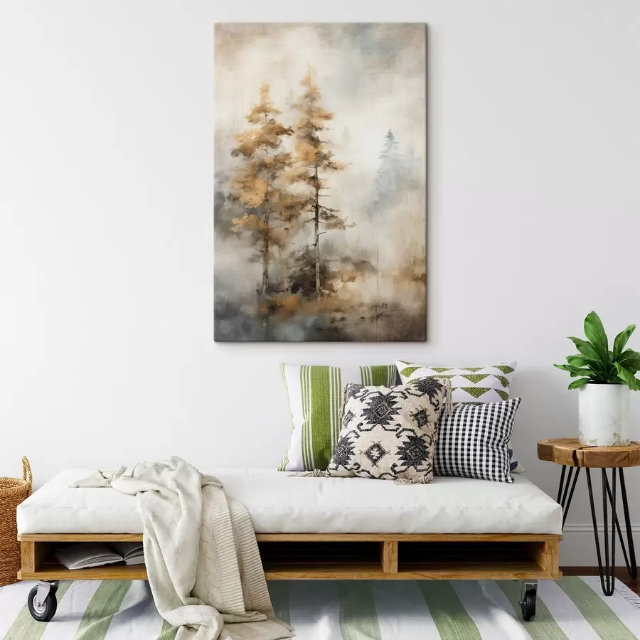 Tablouri Copaci înalți texturați cu frunze galbene într-o pădure, fundalul este un amestec de tonuri moi de albastru și maro s45188