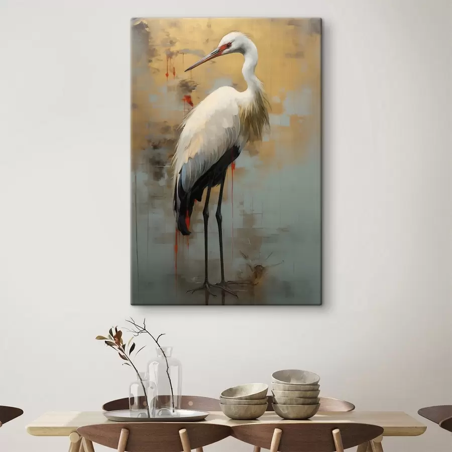 Tablouri Heron alb pe un fundal de nuanțe de galben, maro și albastru, sugerând un peisaj abstract, cețos s45191