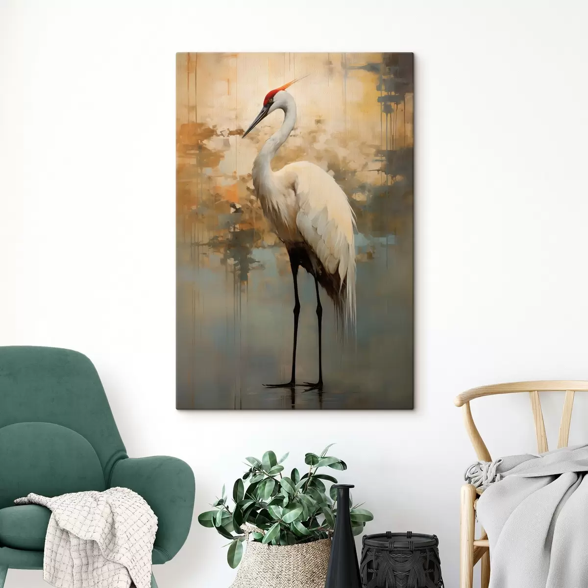 Tablouri Heron alb pe un fundal de nuanțe de galben, maro și albastru, sugerând un peisaj abstract, cețos s45192