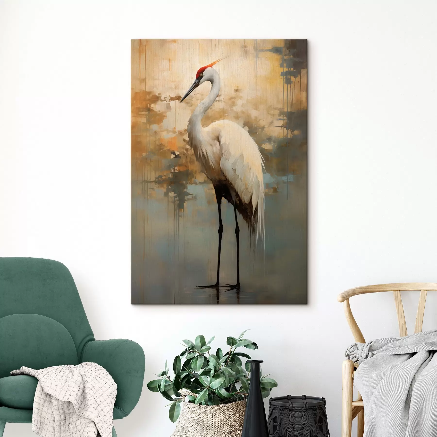 Tablouri Heron alb pe un fundal de nuanțe de galben, maro și albastru, sugerând un peisaj abstract, cețos s45192