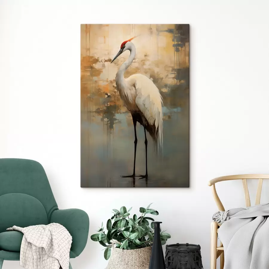 Tablouri Heron alb pe un fundal de nuanțe de galben, maro și albastru, sugerând un peisaj abstract, cețos s45192