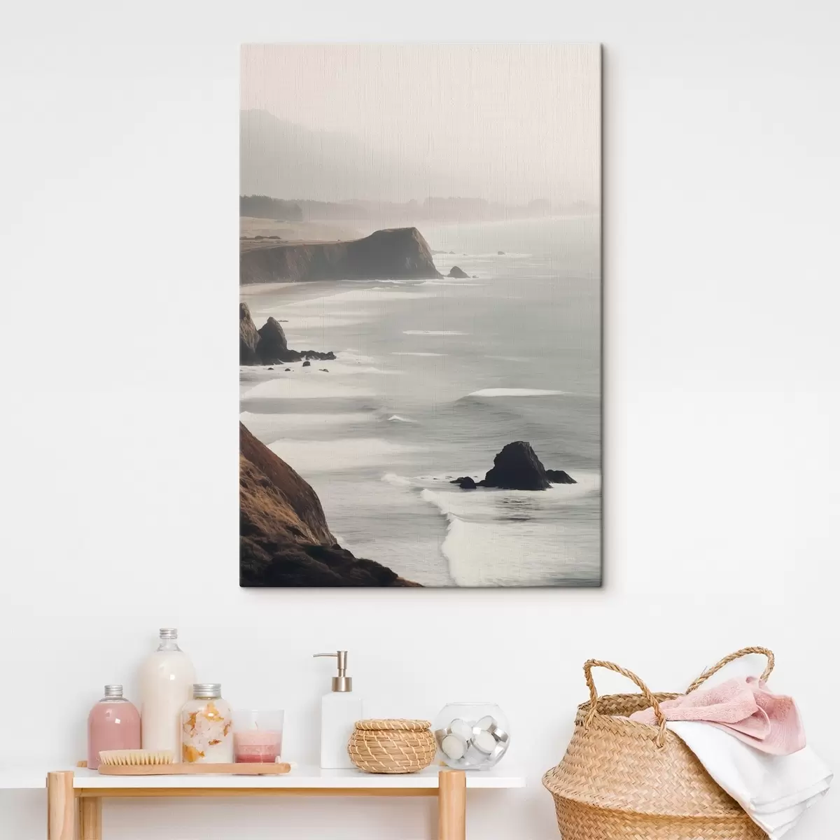 Tablouri Stânci stâncoase și coastă de mare, valuri care se sparg pe țărm, peisaj cu o atmosferă moody, tonuri de pământ s45194