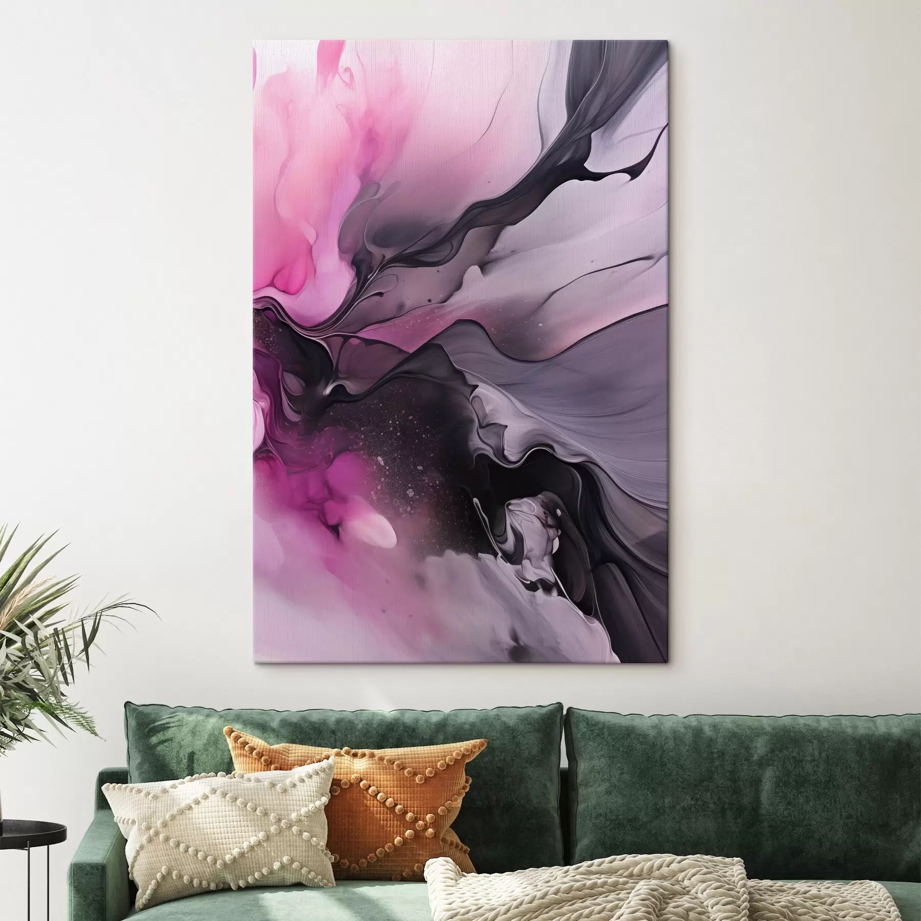 Tablouri Vârtejurile abstracte de roz, violet și negru se îmbină într-o compoziție fluidă, organică, creând un sentiment de mișcare s45196