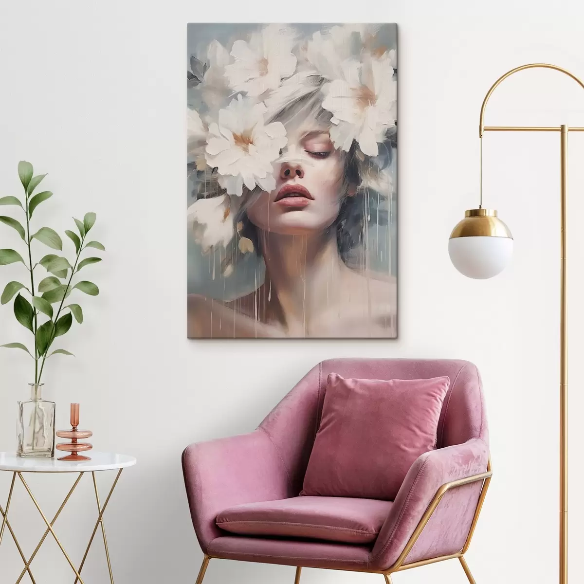 Tablouri Portret de femeie cu flori albe s45219