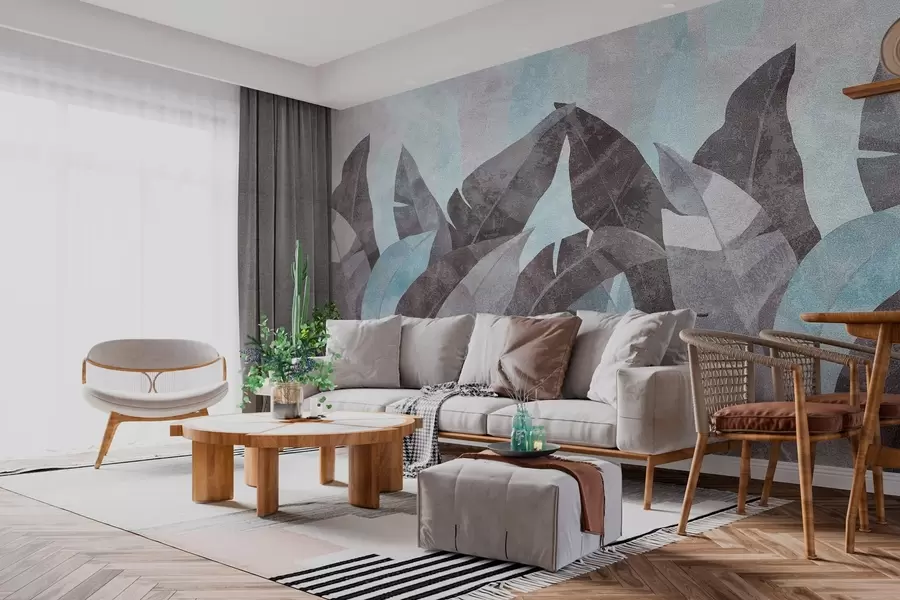 fototapet frunze de banane texturate în nuanțe de albastru și gri w04285v2