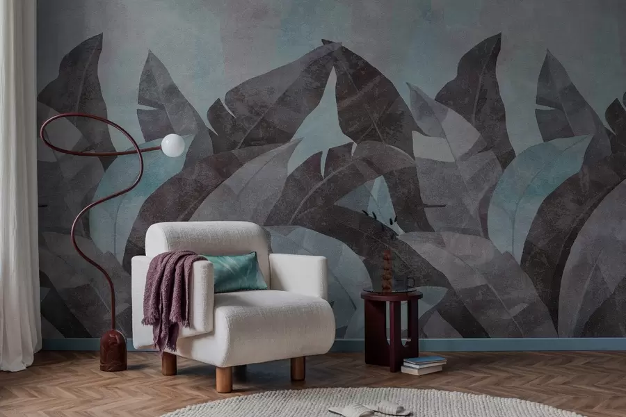 fototapet frunze de banane texturate în nuanțe de albastru și gri w04285v2