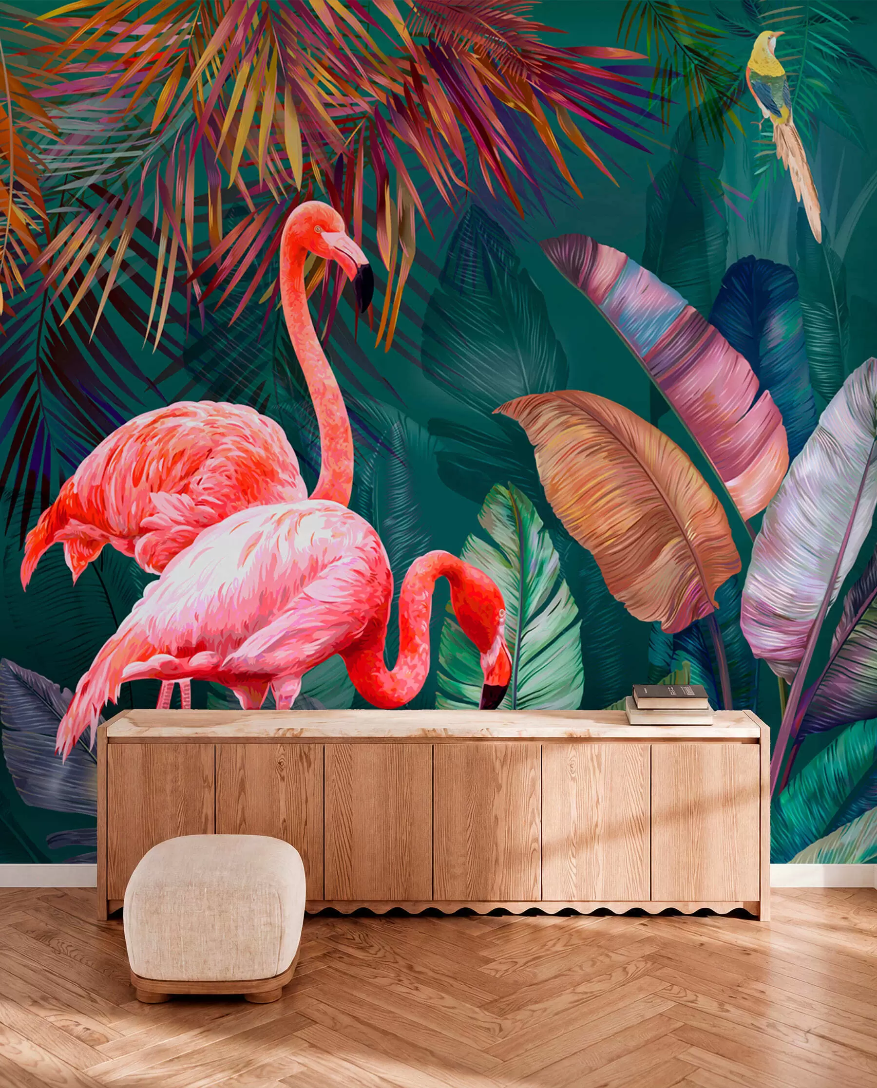 fototapet Flamingo în tropicele colorate u80403