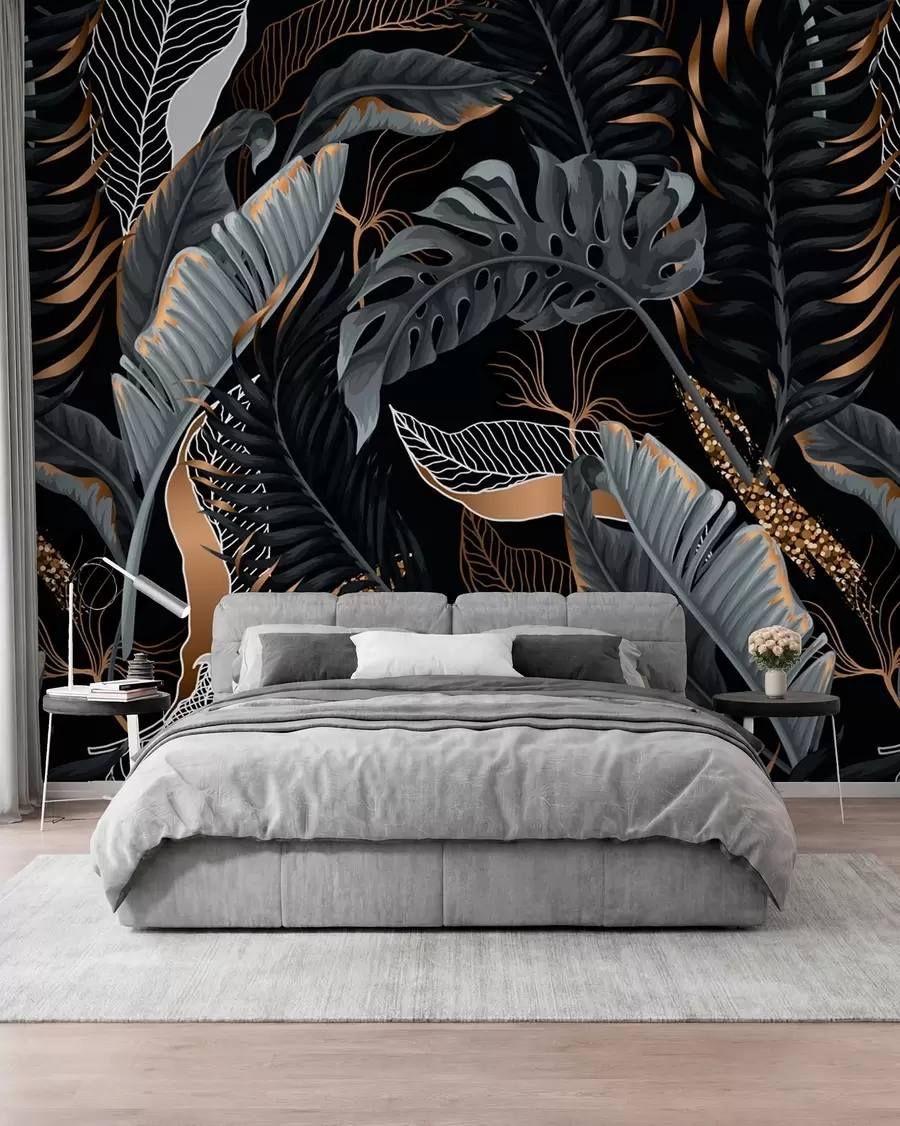fototapet Frunze tropicale pe un fundal negru u71889