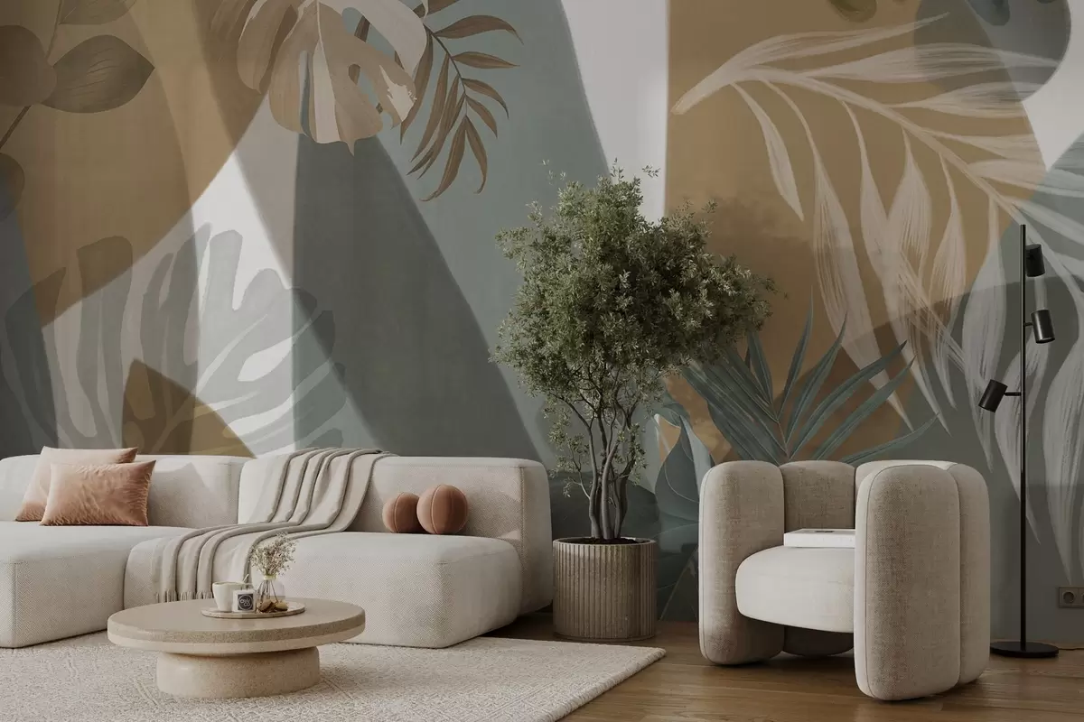 fototapet Frunze Monstera și frunze de palmier într-un model cu culori maro, alb și verde, vibe tropical, forme abstracte, decorative w09288