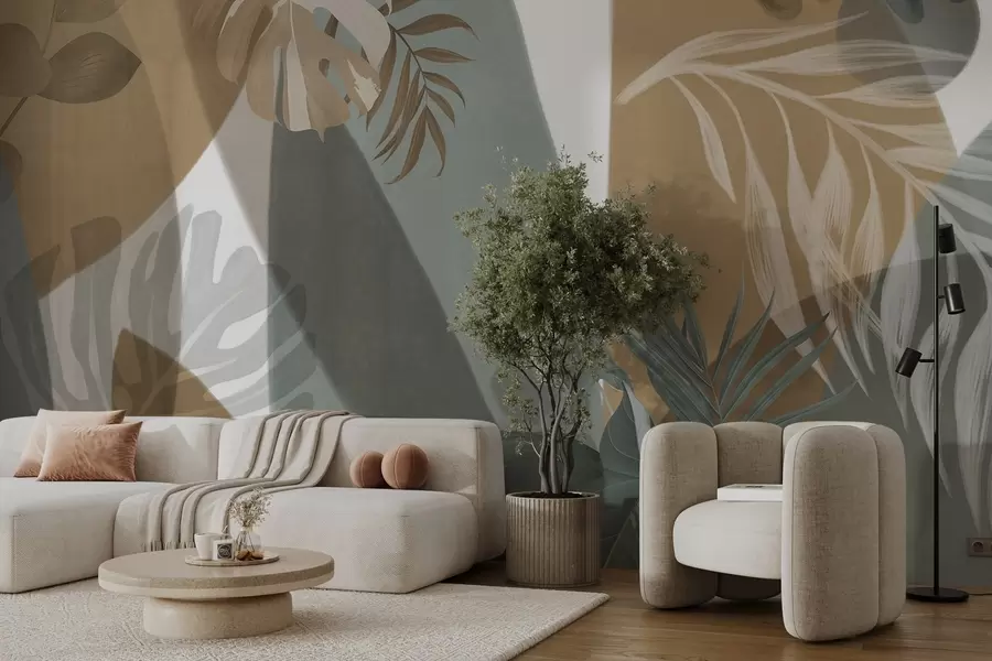 fototapet Frunze Monstera și frunze de palmier într-un model cu culori maro, alb și verde, vibe tropical, forme abstracte, decorative w09288