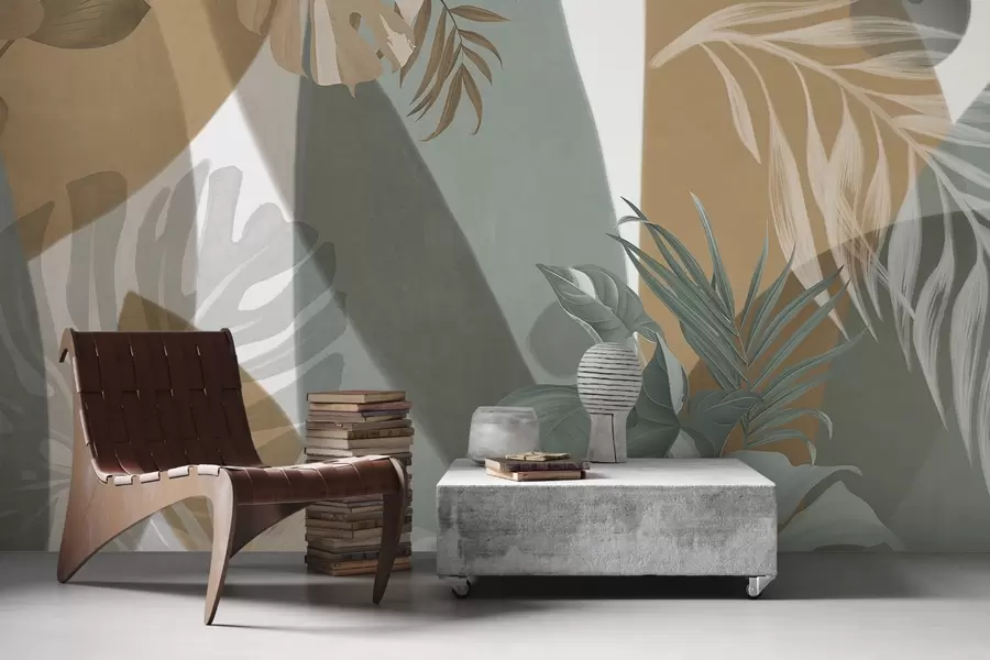 fototapet Frunze Monstera și frunze de palmier într-un model cu culori maro, alb și verde, vibe tropical, forme abstracte, decorative w09288