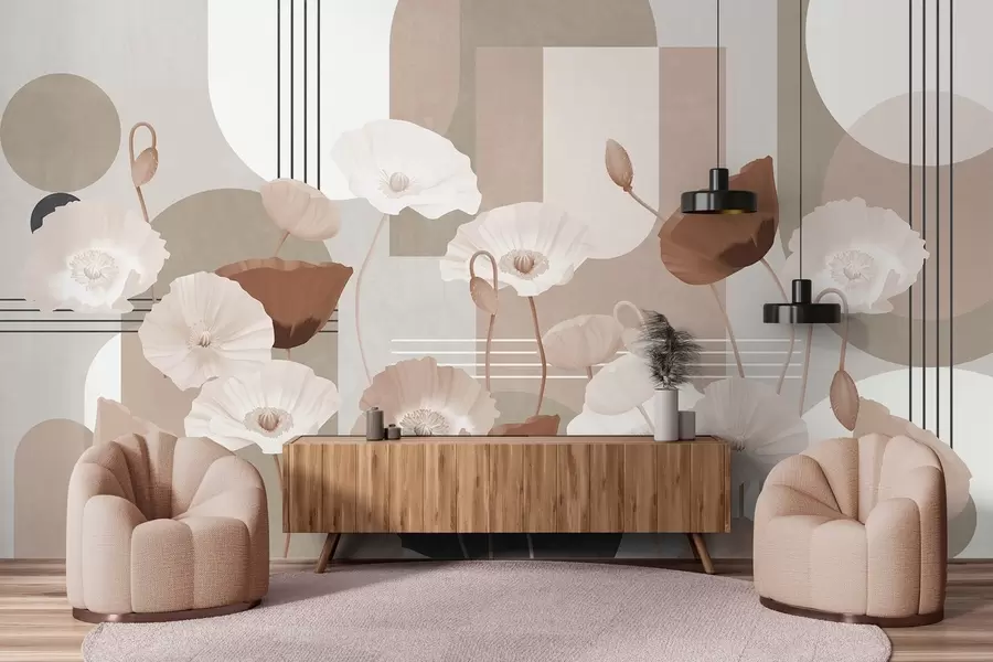 fototapet Mac în culorile alb și bej cu forme geometrice în fundal, cercuri și arcuri, stil minimalist, culori moi w09289